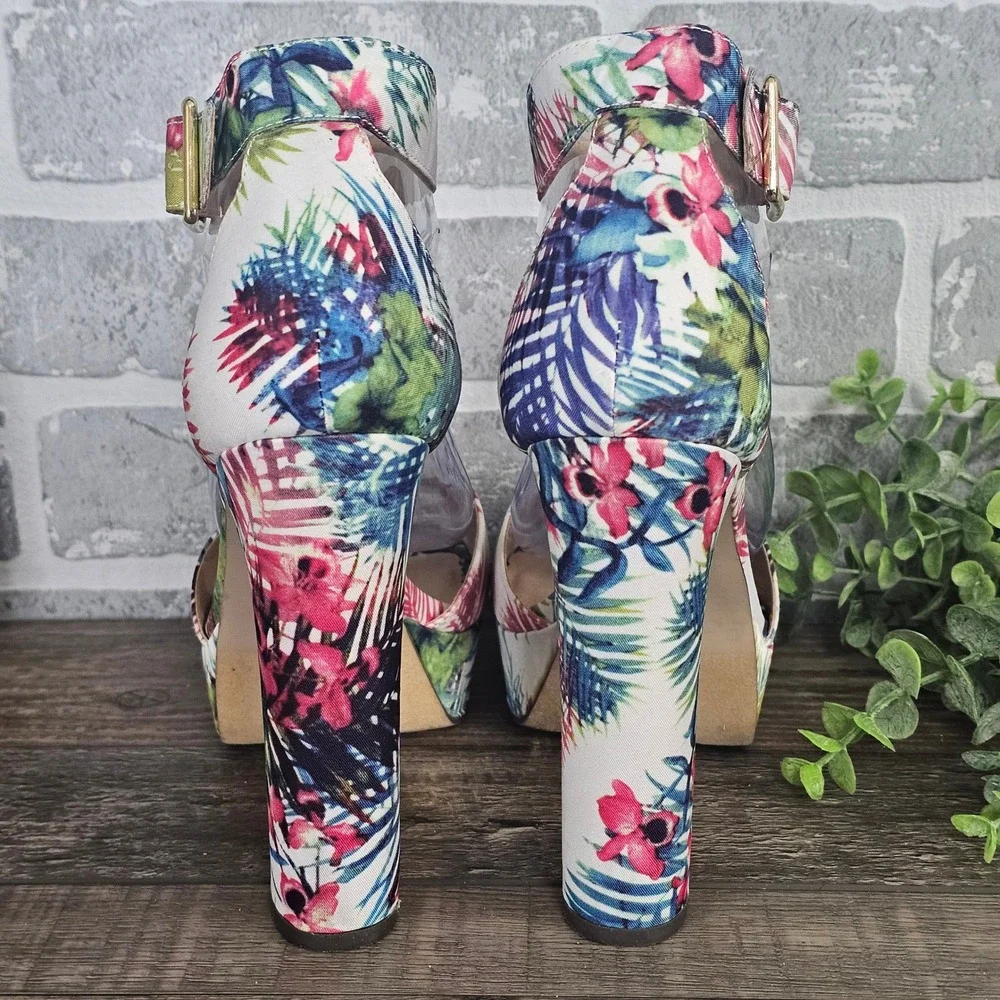 Its Tropical Floral Platform Heels Womens 9 Block Heel Ankle Strap‎ Sandals
